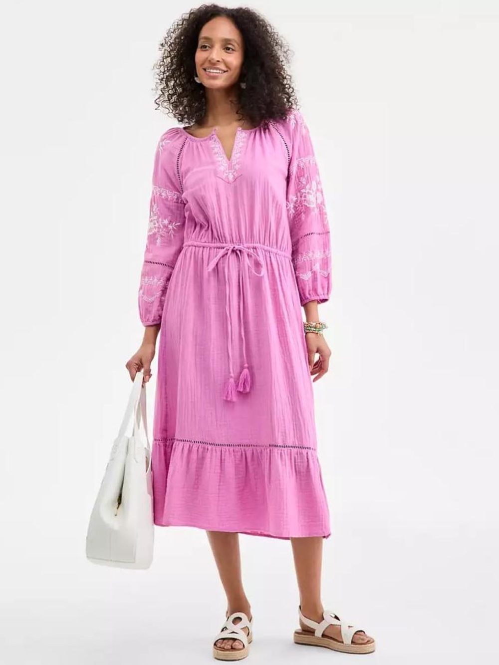Style & Co. Pink Embroidered Tie-Waist Vibrant Spring Cotton Midi Dress
